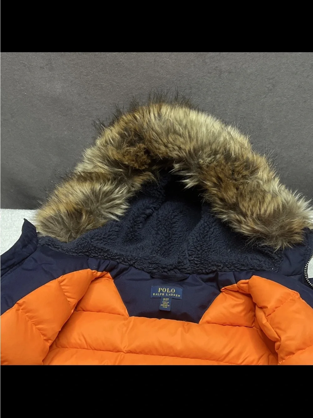 Ralph Lauren Navy Blue Puffer Jacket with Faux Fur Hood